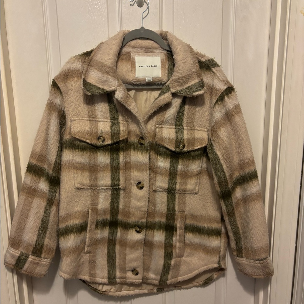 American Eagle Outfitters Plaid Teddy Jacket - Green and Tan